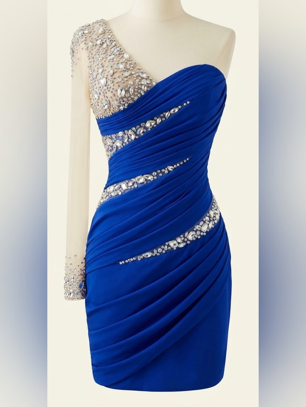 One-Shoulder Royal Blue Embellished Cocktail Dress